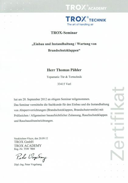 Zertifikat Trox Brandschutzklappen -- Topamatic Verl / OWL